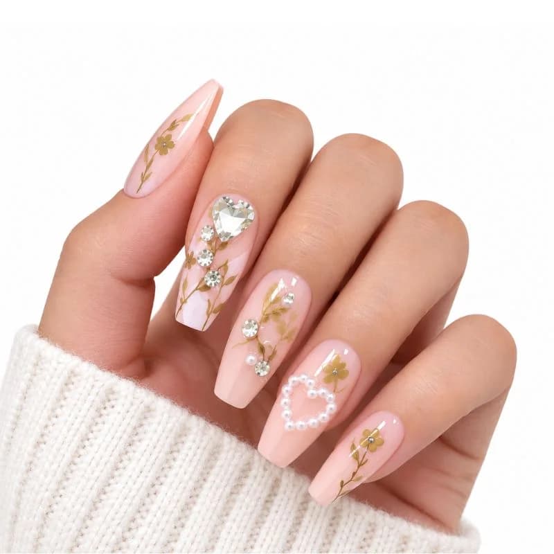 12 Pcs Press On Nails Set With Floral Design & Rhinestone Decoration | Reusable False Nails With Nail Prep Kit