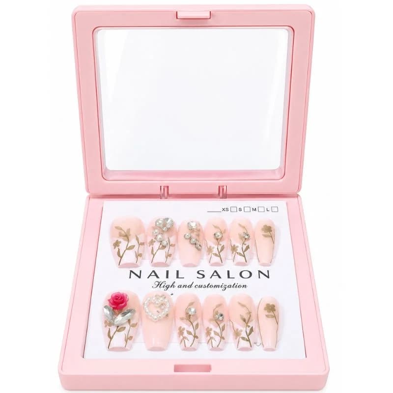 12 Pcs Press On Nails Set With Floral Design & Rhinestone Decoration | Reusable False Nails With Nail Prep Kit