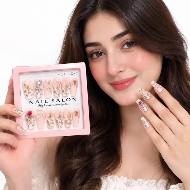 12 Pcs Press On Nails Set With Floral Design & Rhinestone Decoration | Reusable False Nails With Nail Prep Kit