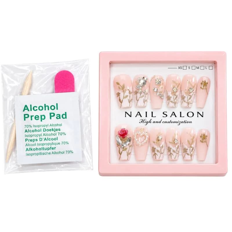 12 Pcs Press On Nails Set With Floral Design & Rhinestone Decoration | Reusable False Nails With Nail Prep Kit