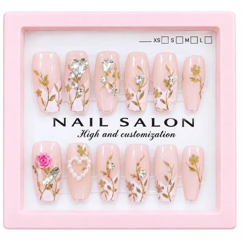 12 Pcs Press On Nails Set With Floral Design & Rhinestone Decoration | Reusable False Nails With Nail Prep Kit