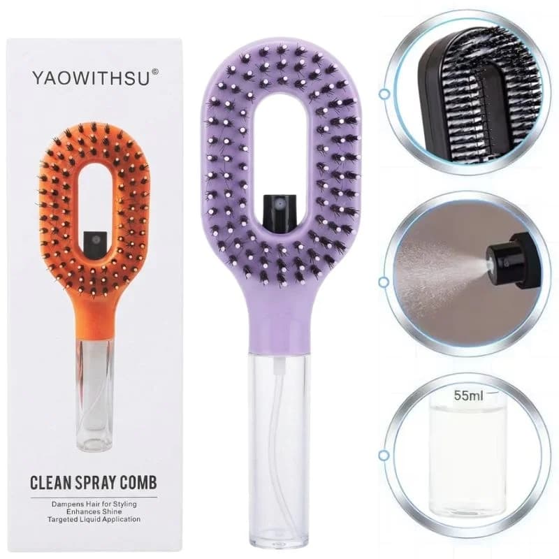 2-in-1 Misting Hair Brush with Water Spray Bottle | Fine Mist Detangling Brush for Curly, Wavy & Straight Hair | Wet & Dry Styling Brush | Portable Anti-Frizz Hair Comb