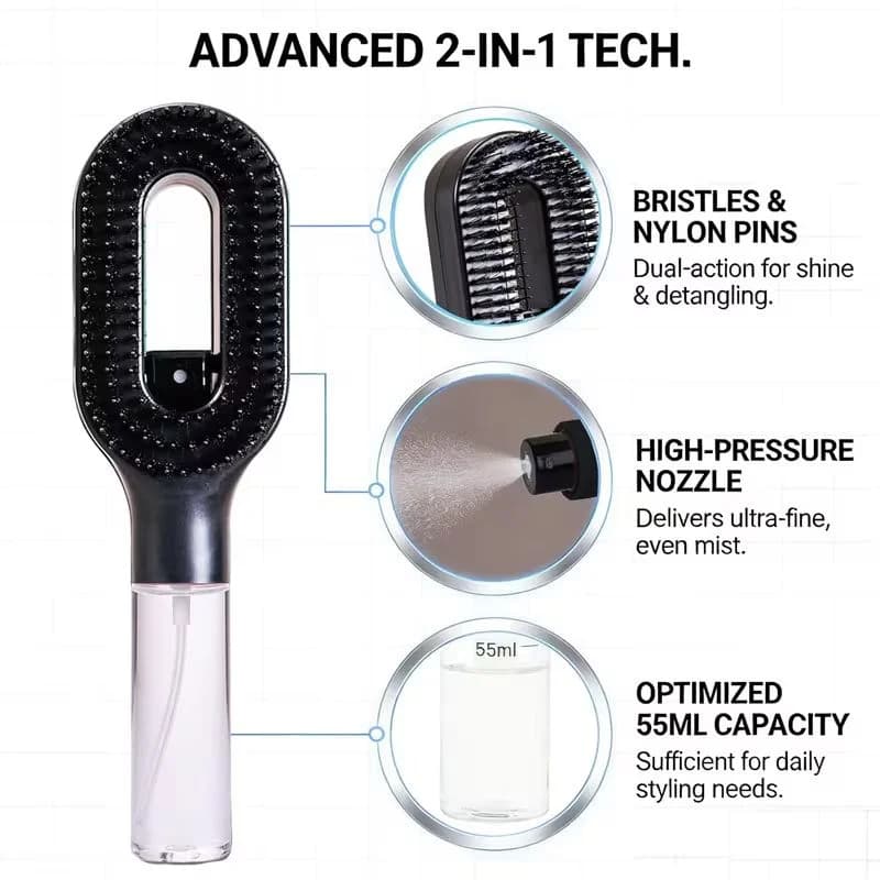 2-in-1 Misting Hair Brush with Water Spray Bottle | Fine Mist Detangling Brush for Curly, Wavy & Straight Hair | Wet & Dry Styling Brush | Portable Anti-Frizz Hair Comb