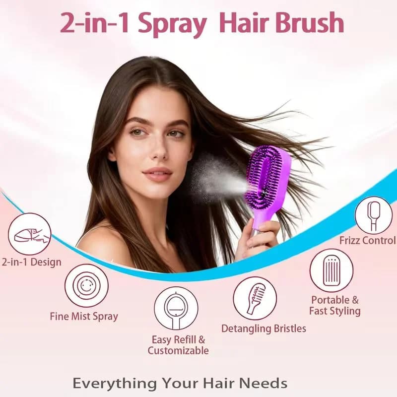 2-in-1 Misting Hair Brush with Water Spray Bottle | Fine Mist Detangling Brush for Curly, Wavy & Straight Hair | Wet & Dry Styling Brush | Portable Anti-Frizz Hair Comb