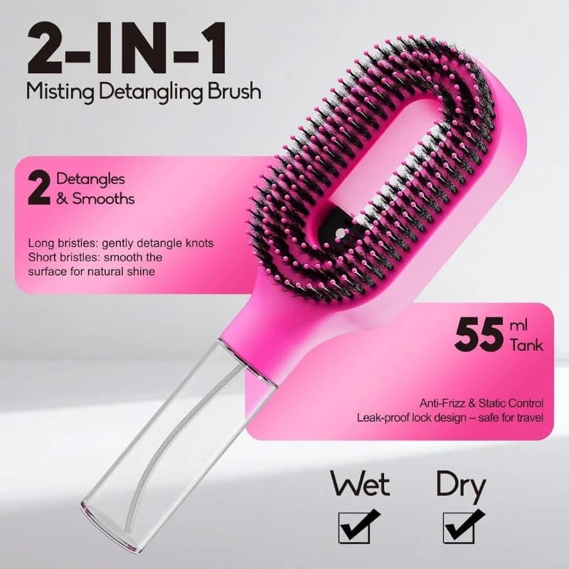 2-in-1 Misting Hair Brush with Water Spray Bottle | Fine Mist Detangling Brush for Curly, Wavy & Straight Hair | Wet & Dry Styling Brush | Portable Anti-Frizz Hair Comb