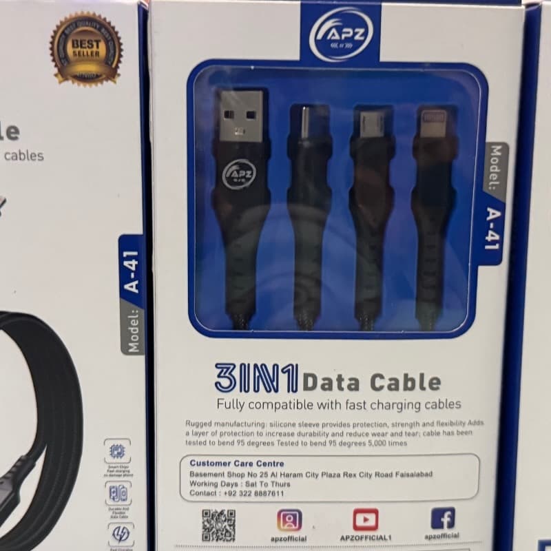 3-in-1 Fast Charging Cable 100W 480Mbps 120cm Type-C Micro Lightning Durable Design