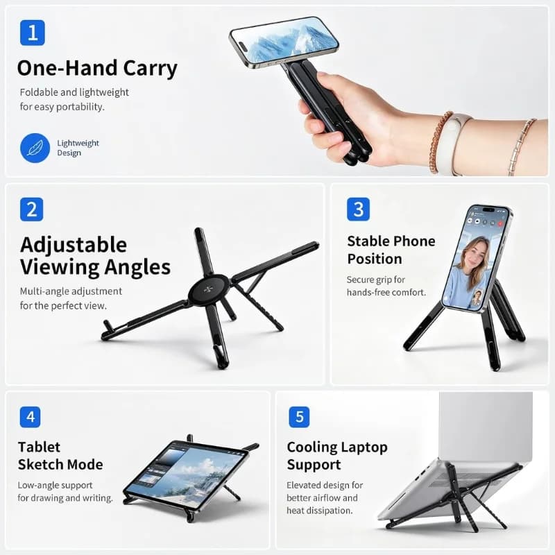 3-in-1 Magnetic Foldable  Stand |Model K001 | Aluminum Alloy Phone laptop & Tablet Holder | 8-Level Adjustable Height | 360° Rotating Base | Portable Travel Stand