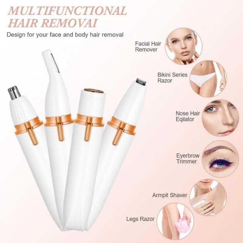 4-in-1 Electric Lady Shaver for Women | Rechargeable Cordless Hair Remover | Bikini Trimmer, Nose & Eyebrow Trimmer | For Face, Legs & Underarms
