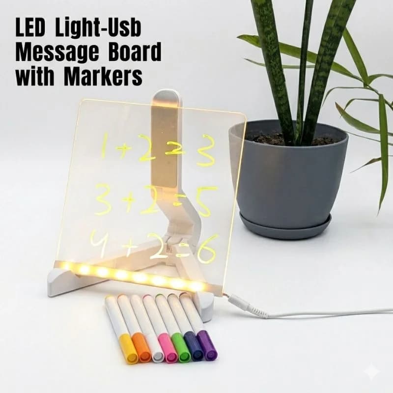 8x8 Inches LED Acrylic Writing Board with USB Light | 7 Colorful Erasable Pens |  Message Board with Markers & Stand