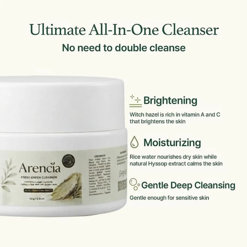 Arencia Fresh Green Rice Mochi Cleanser  | Low pH Facial Cleanser with Rice Powder & Green Tea | Hydrating Deep Cleansing | 120g