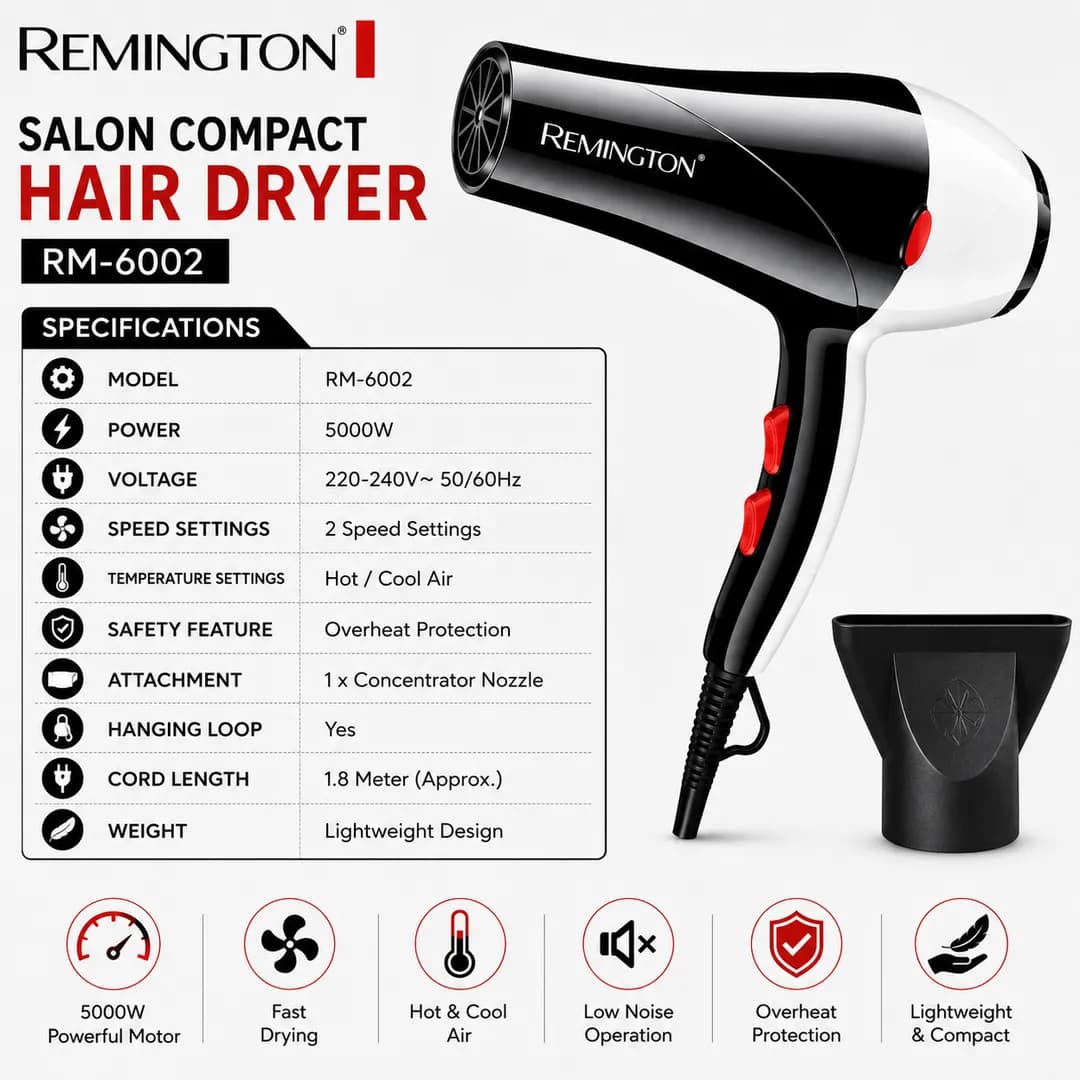 Remington Hair Dryer RM-6002 | 5000W Powerful Hair Dryer with Hot & Cool Air | 2 Speed Settings | Compact Salon Hair Styling Dryer