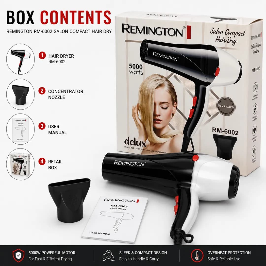 Remington Hair Dryer RM-6002 | 5000W Powerful Hair Dryer with Hot & Cool Air | 2 Speed Settings | Compact Salon Hair Styling Dryer