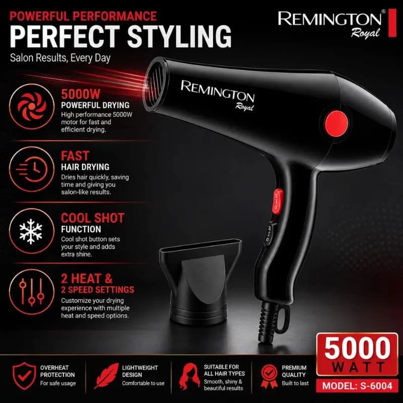 Remington Royal Style House Hair Dryer  | Model S-6004 | Fast Drying | Cool Shot Function | 5000W
