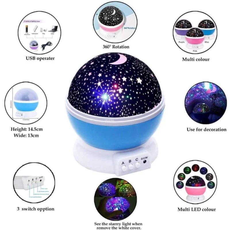 Star Master Projector Night Lamp | 360° Rotating LED Moon & Starry Sky Projector | USB & Battery Operated | Portable Night Light | Random Color