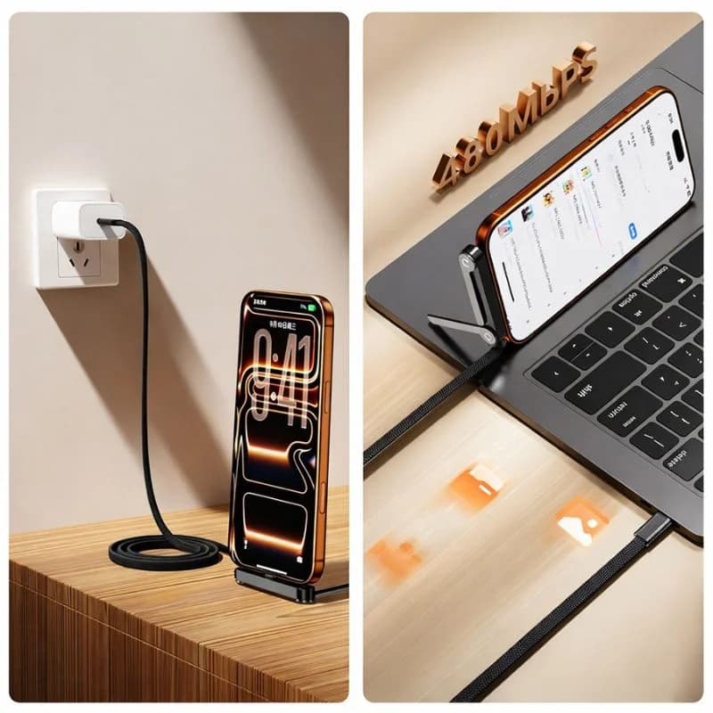 USB-C Fast Charging Cable with Foldable Phone Stand | 2-in-1 Braided Data Cable for iPhone, Samsung & Type-C Devices | 240W