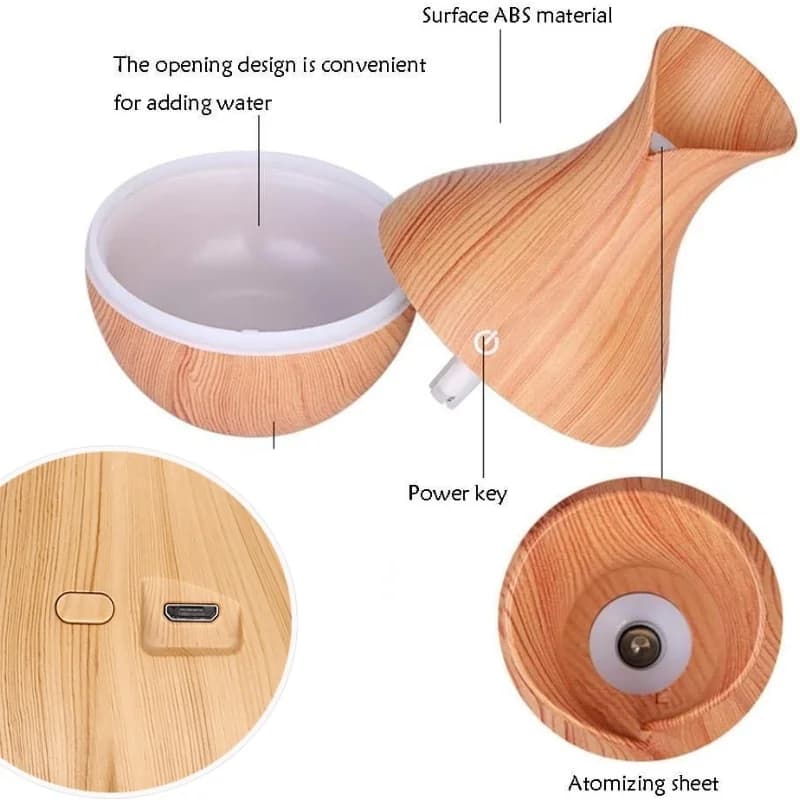 Vase-Shaped LED Humidifier | Model  JSQ07 | USB Wood Grain Ultrasonic Cold Mist Humidifier | Aromatherapy Air Freshener | 200 ml