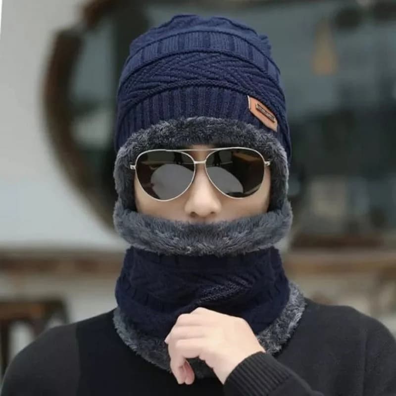 Winter Wool Cap with Neck Warmer Set | Thermal Beanie & Scarf Combo for Men and Women |  Gray