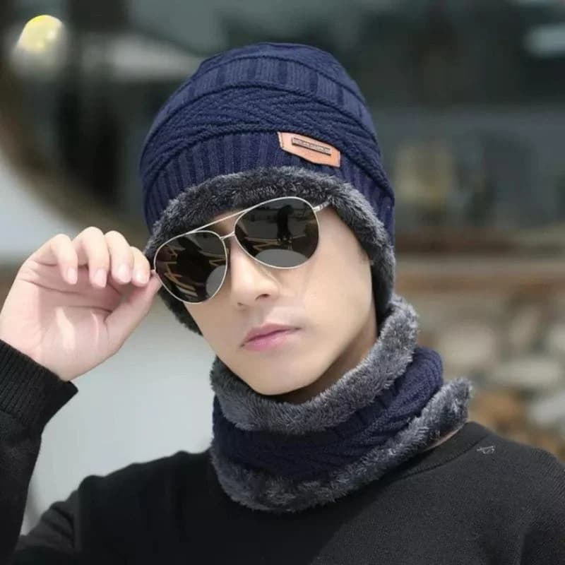 Winter Wool Cap with Neck Warmer Set | Thermal Beanie & Scarf Combo for Men and Women |  Gray