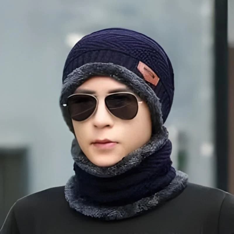 Winter Wool Cap with Neck Warmer Set | Thermal Beanie & Scarf Combo for Men and Women |  Gray