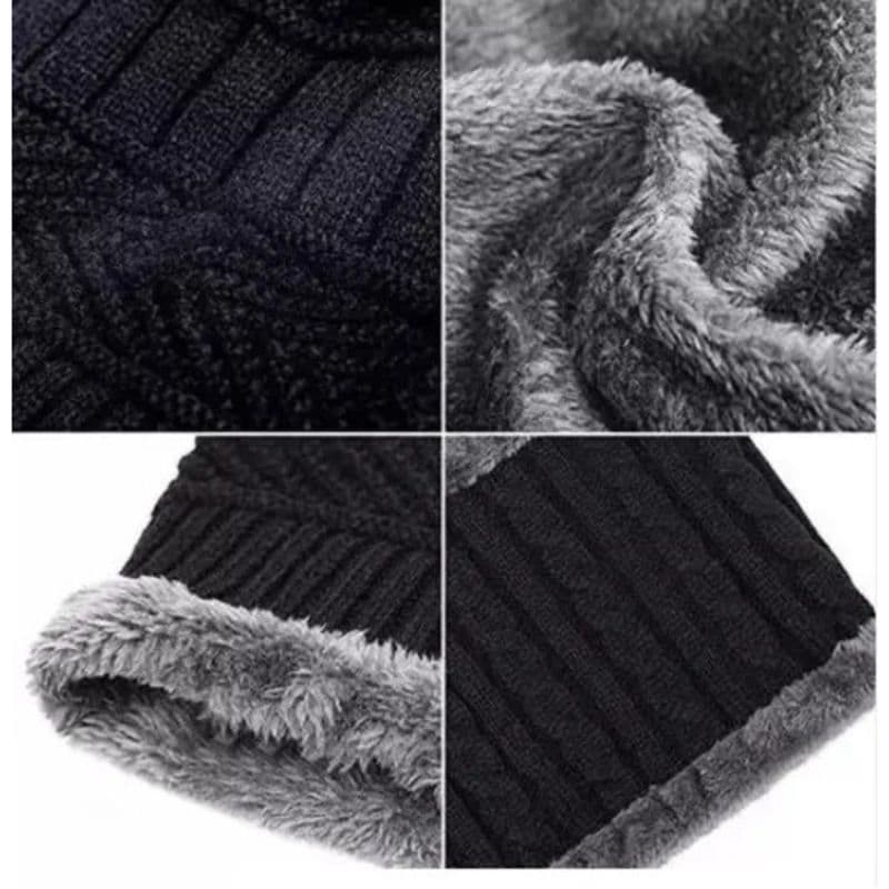 Winter Wool Cap with Neck Warmer Set | Thermal Beanie & Scarf Combo for Men and Women | Black And Gray