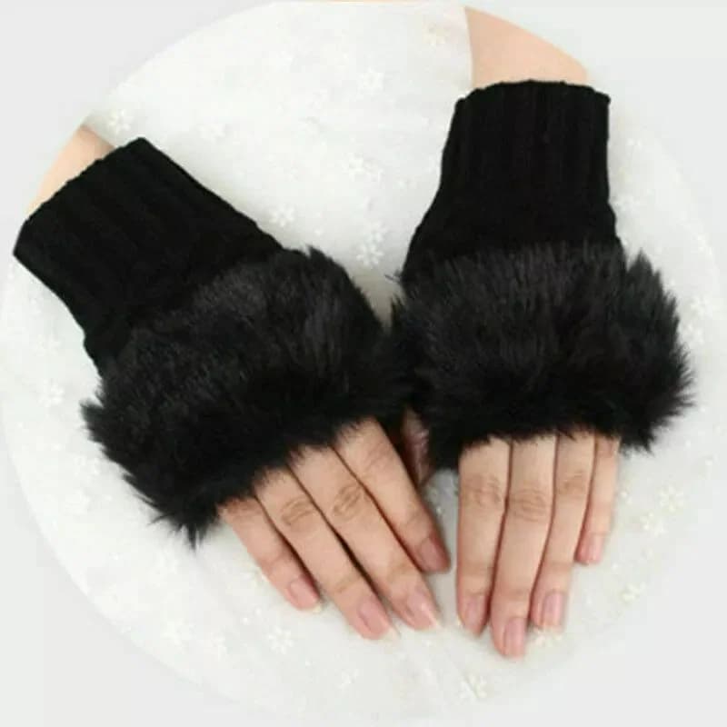 Women’s Faux Fur Fingerless Knitted Gloves | Warm Winter Hand Wrist Warmers | Soft, Stylish & Comfortable | Red