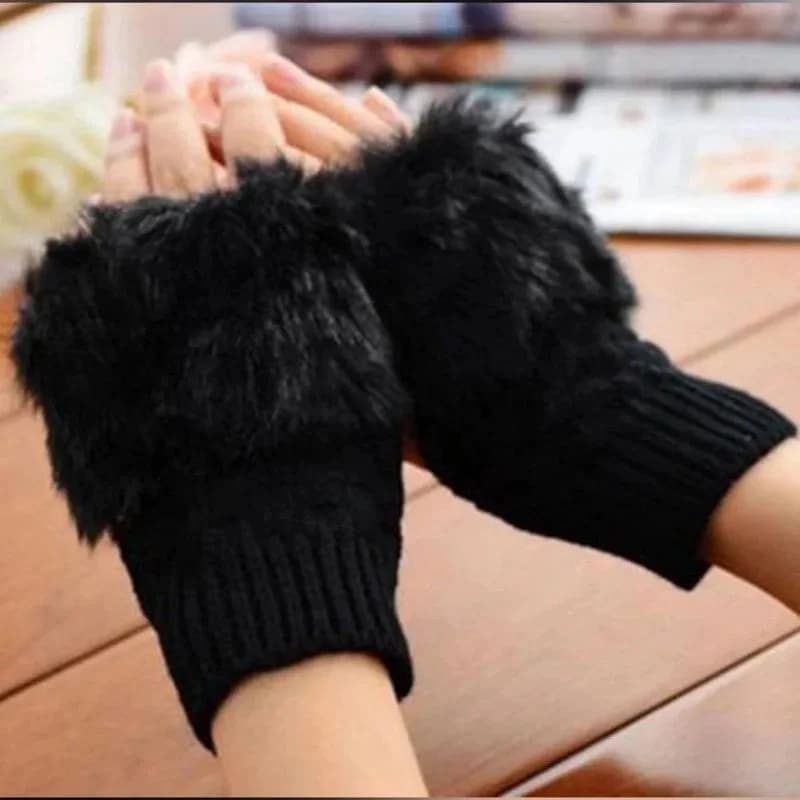 Women’s Faux Fur Fingerless Knitted Gloves | Warm Winter Hand Wrist Warmers | Soft, Stylish & Comfortable | Red